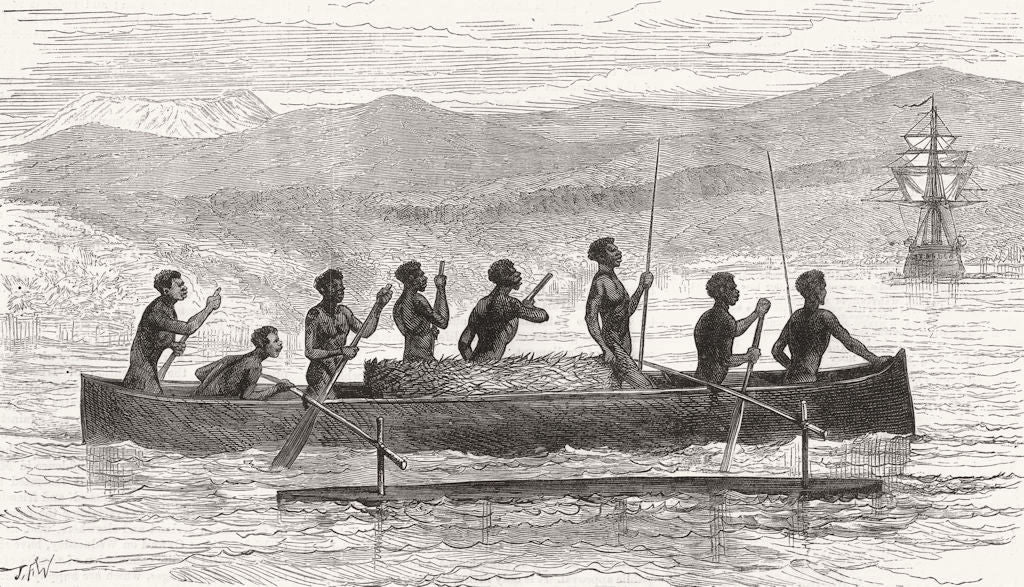 YORKS. Natives of York Island, New Guinea, Canoe 1883 old antique print